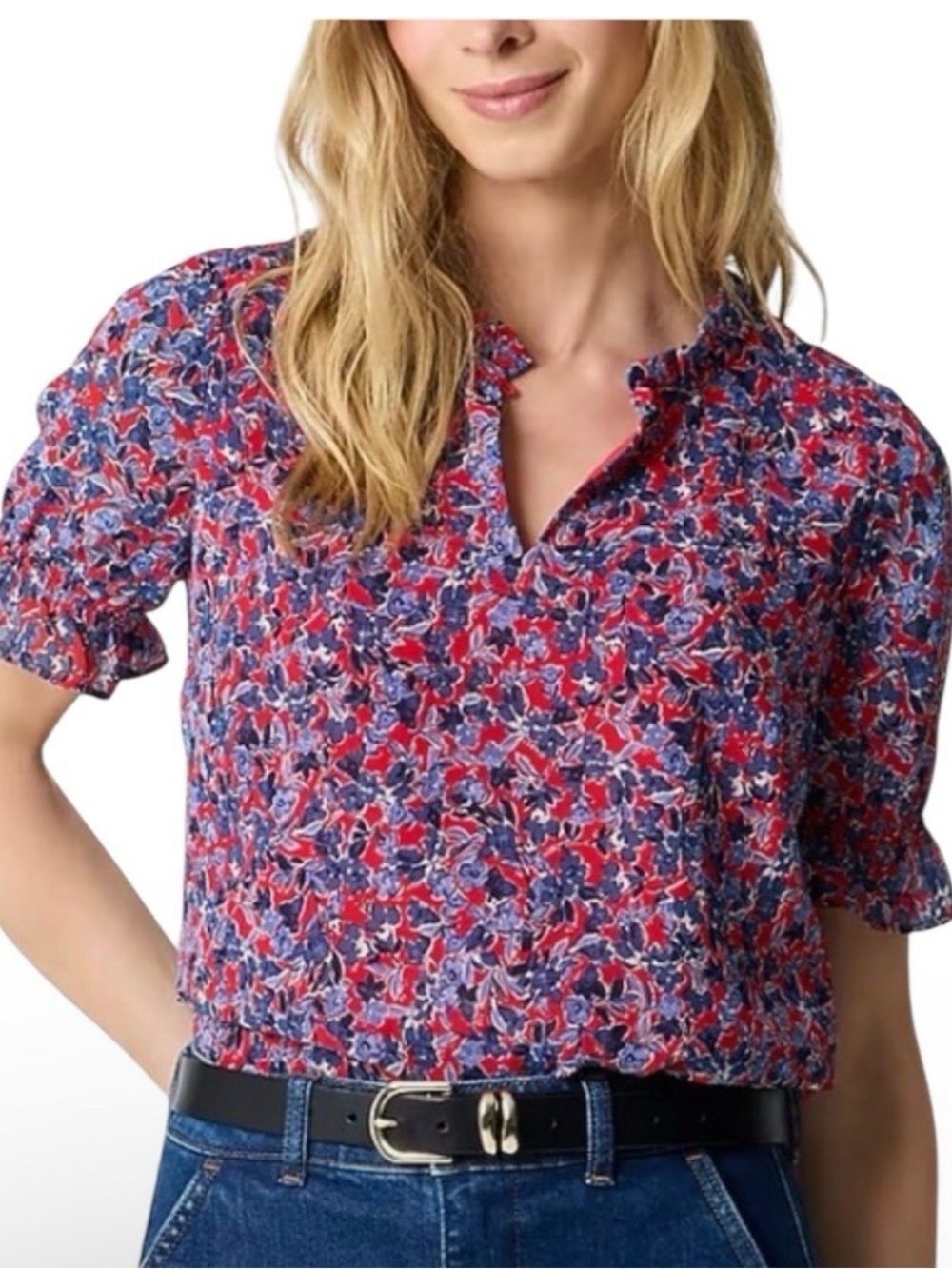 J. Crew Red & Blue Floral Ruffled Notch-Neck Blouse